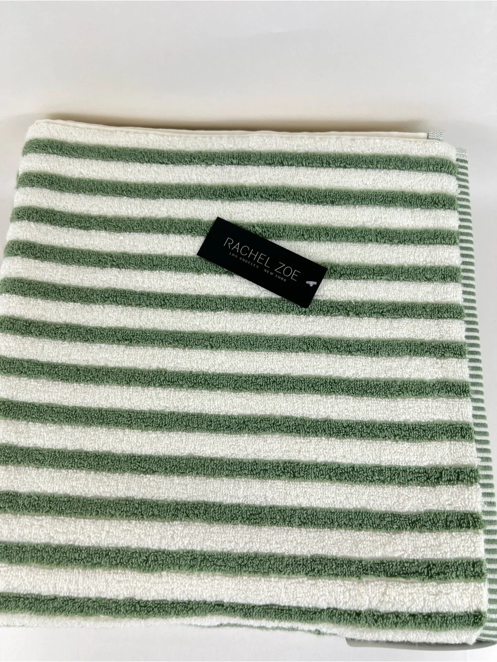 Rachel Zoe Bath Towels Green White Striped Soft Plush 100% Cotton 2 Pc NEW